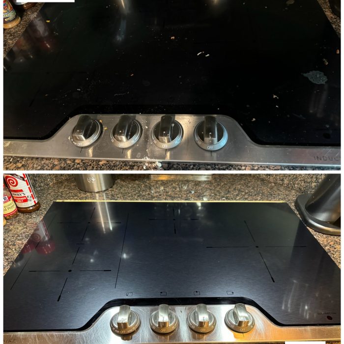Electric stovetop with food splatters and grease stains before and after cleaning, highlighting the surface's shine.