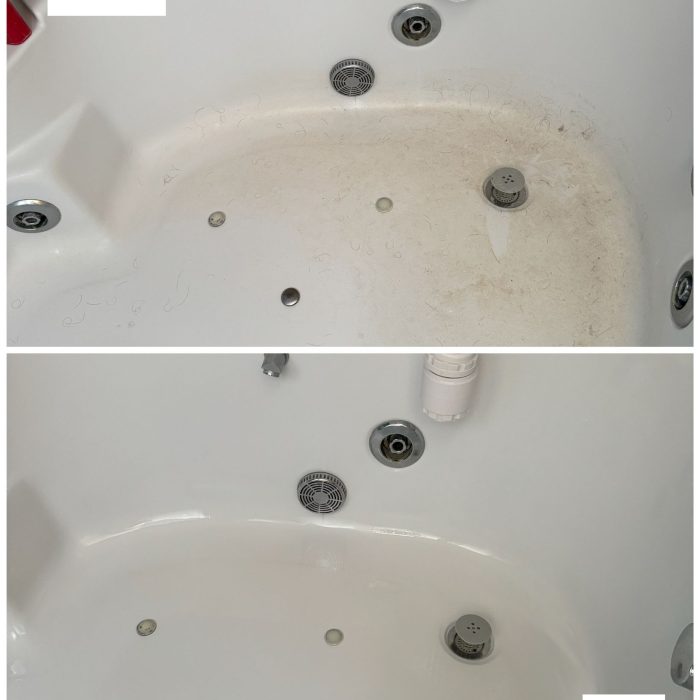 Jacuzzi bathtub with buildup of dirt and hair before and after cleaning service, resulting in a clean and ready-to-use tub.