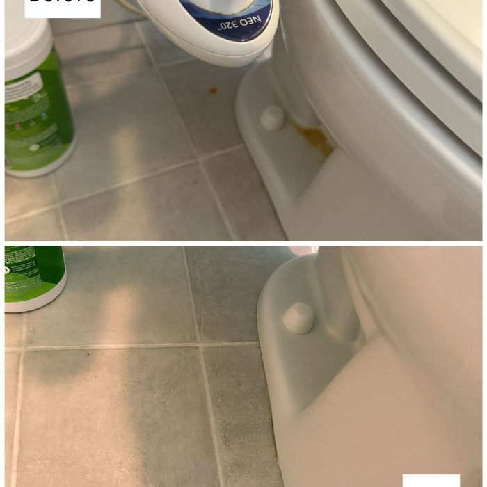 Toilet bowl base cleaning before and after, eliminating stains and dirt for a sanitized bathroom.