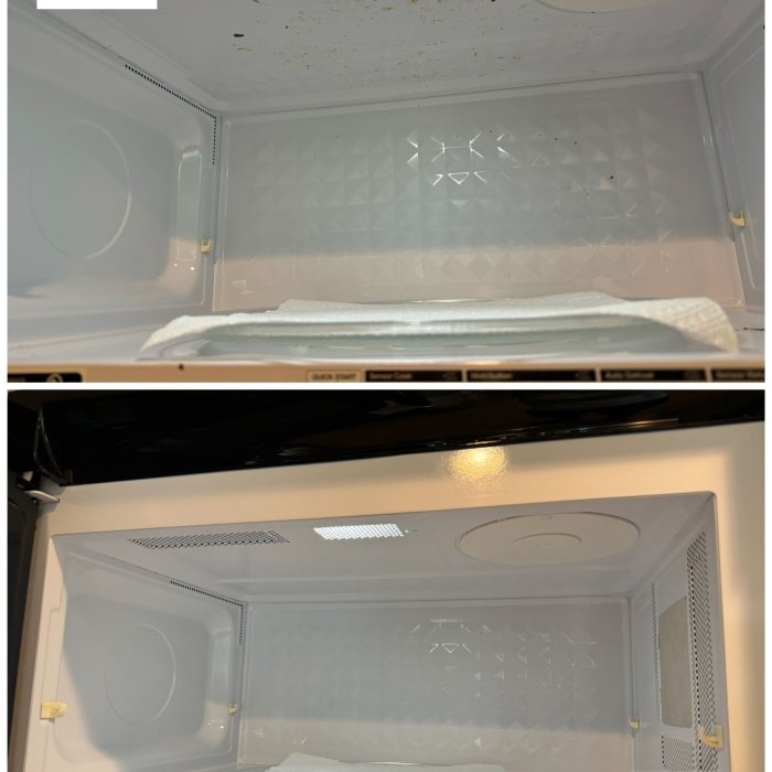 Before and after professional microwave cleaning, showing the removal of dirt and food splatters, leaving the interior spotless.
