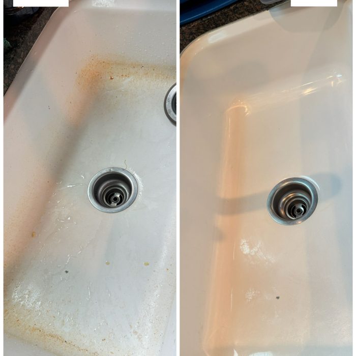 Kitchen sink with stains and grime before and after cleaning service, revealing a sparkling and residue-free surface.